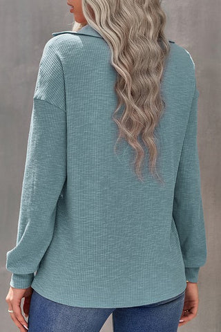 Ribbed Zip Up Top - Aqua