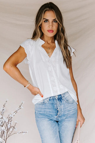 Embroidered Eyelet Cap Sleeve Top - White