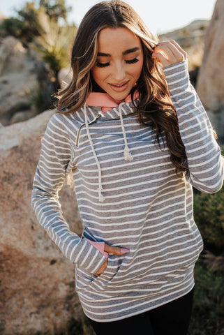 Striped Pink and Gray Cowl Neck Hoodie