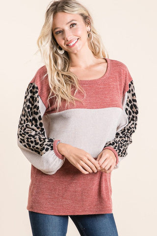 Leopard Sleeve Sweater Knit Top - Rust