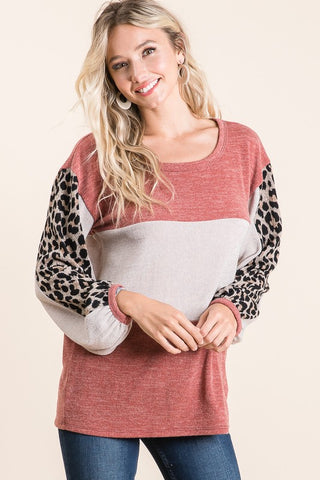 Leopard Sleeve Sweater Knit Top - Black