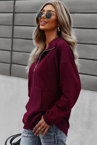 Quilted Zip Up Pullover - Burgundy