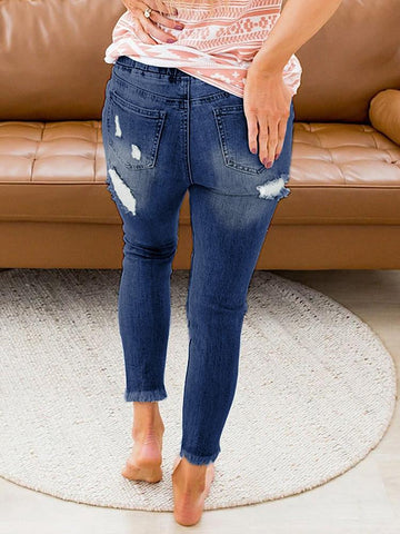 Elastic Waist Ripped Jeans - Dark Denim