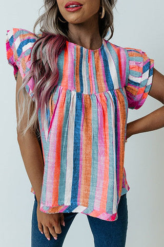 Linen Colorful Striped Ruffle Sleeve Top - Bright