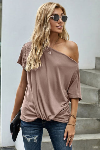 Short Sleeve Off Shoulder Knotted Top - Khaki