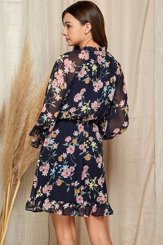 Chiffon Floral Print Dress - Navy
