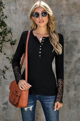 Crochet Sleeve Henley Top - Black