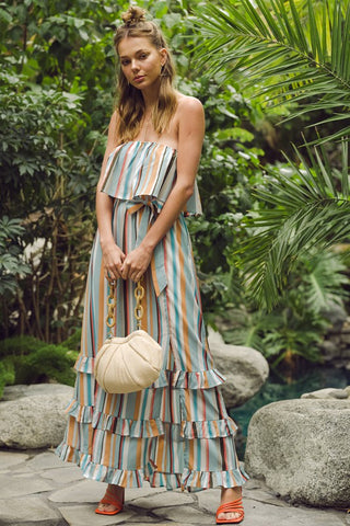 South of the Border Strapless Striped Maxi Dress - Emerald Mix