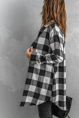 Duster Length Snap Flannel Plaid Shirt - Black