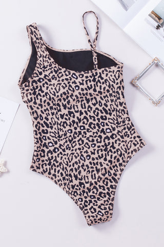 Mesh One Shoulder One Piece Swimsuit - Leopard