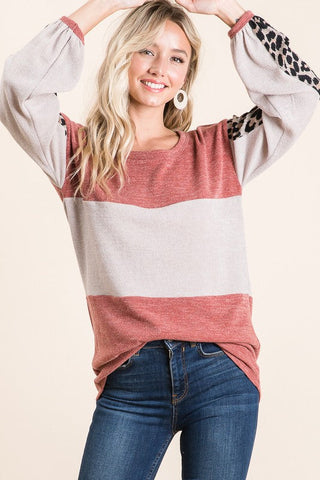 Leopard Sleeve Sweater Knit Top - Rust