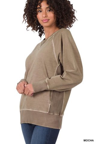 Crew Neck Sweatshirt with Pockets - Mocha