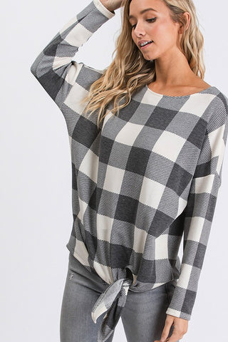 Ivory and Black  Buffalo Plaid Tie Top