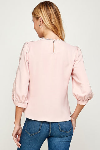 3/4 Sleeve Lace Top - Blush