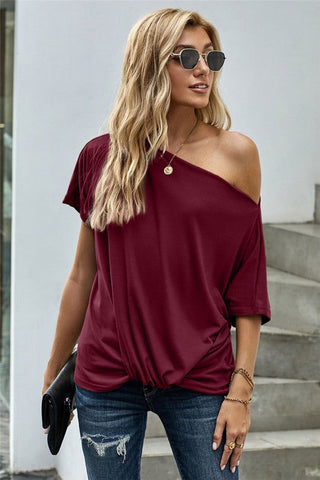 Short Sleeve Off Shoulder Knotted Top - Black