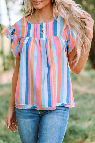 Linen Colorful Striped Ruffle Sleeve Top - Bright