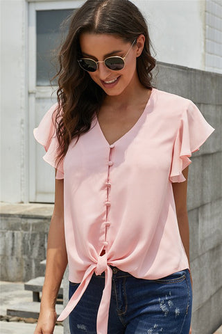 Flutter Sleeve Botton Down Top - Pink