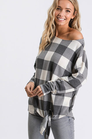 Ivory and Black  Buffalo Plaid Tie Top