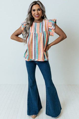 Linen Colorful Striped Ruffle Sleeve Top - Pastel