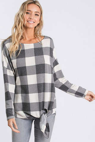 Ivory and Black  Buffalo Plaid Tie Top