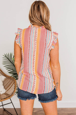 Colorful Aztec Print Ruffle Sleeve Top