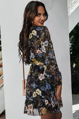 Wild Flower Long Sleeve Dress - Black