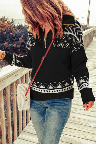 Aztec Zip Up Sweater - Black