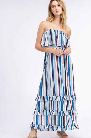 South of the Border Strapless Striped Maxi Dress - Gray Mix