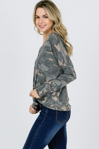 Button Up Hooded Camo Top