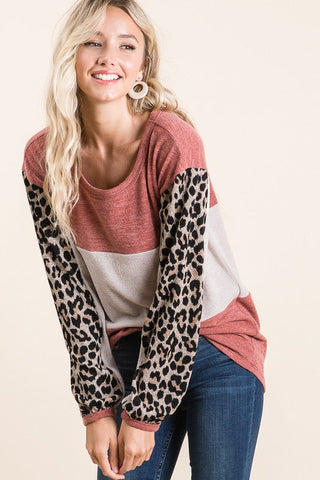 Leopard Sleeve Sweater Knit Top - Rust