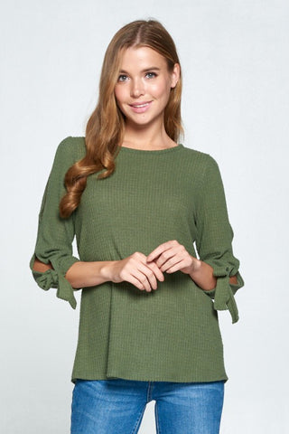 Waffle Weave Tie Sleeve Top - Olive