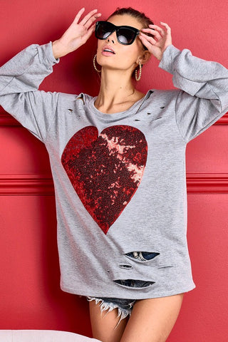Laser Cut Sequined Heart Top - Gray