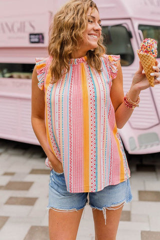 Colorful Aztec Print Ruffle Sleeve Top