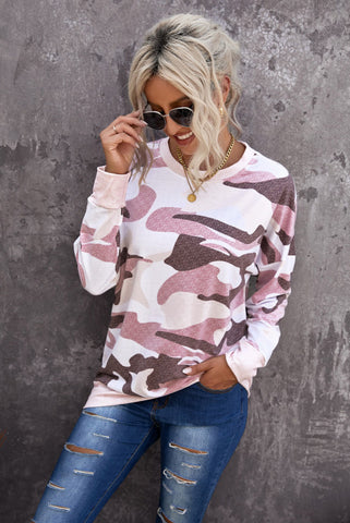 Camo Crew Neck Top - Pink