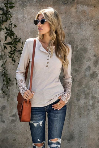 Crochet Sleeve Henley Top - Beige