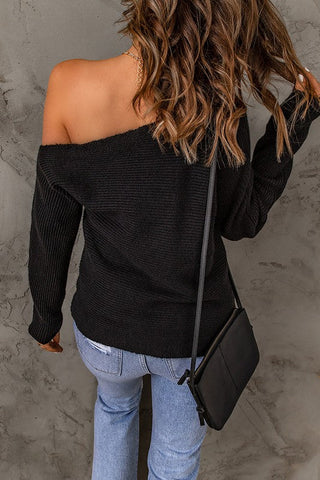 Off Shoulder Simple Sweater - Black