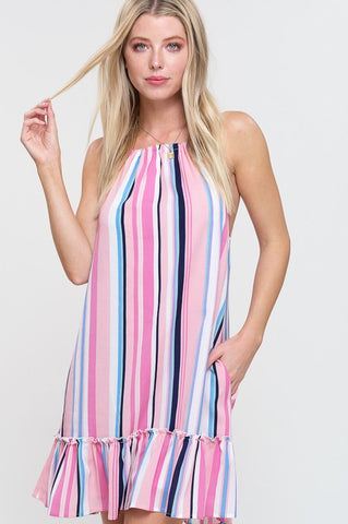 Striped Halter Dress - Pink