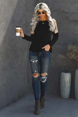 Sequined Shoulder Tunic Top - Black