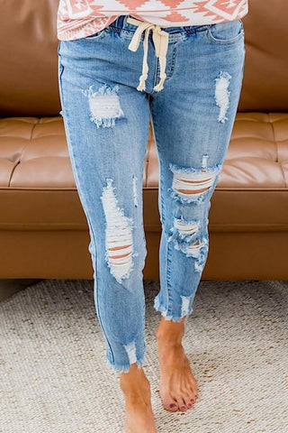 Elastic Waist Ripped Jeans - Light Denim