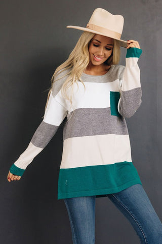 Striped Sweater with Pocket - Green