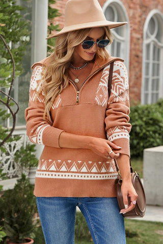 Aztec Zip Up Sweater - Pink