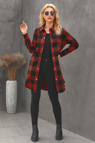 Duster Length Snap Flannel Plaid Shirt - Red