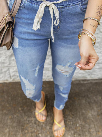 Elastic Waist Ripped Jeans - Light Denim