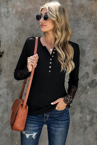 Crochet Sleeve Henley Top - Black