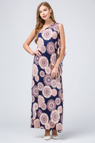 Elegant One Shoulder Maxi Dress - Navy