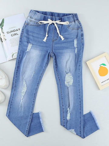 Elastic Waist Ripped Jeans - Light Denim