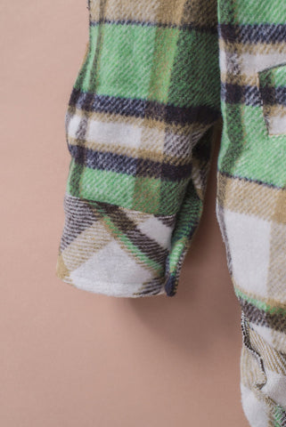 Flannel Plaid Button Up Shacket with Pockets - Green