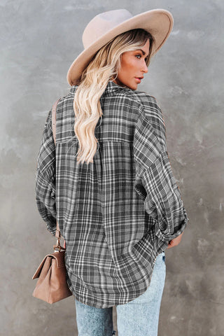 Relaxed Fit Plaid Button Up Top - Gray