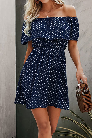 Polka Dot Off Shoulder Dress - Navy