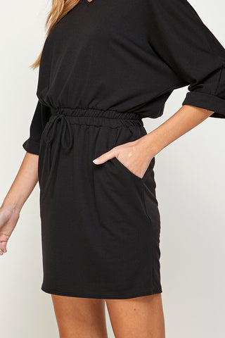 Casual Elastic Waist Dress - Navy